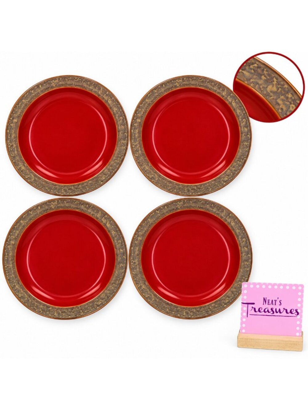 Sango RUSTIC CRANBERRY 5134 Red Rustic Brown Rim Stoneware Dinner Plates Set 4